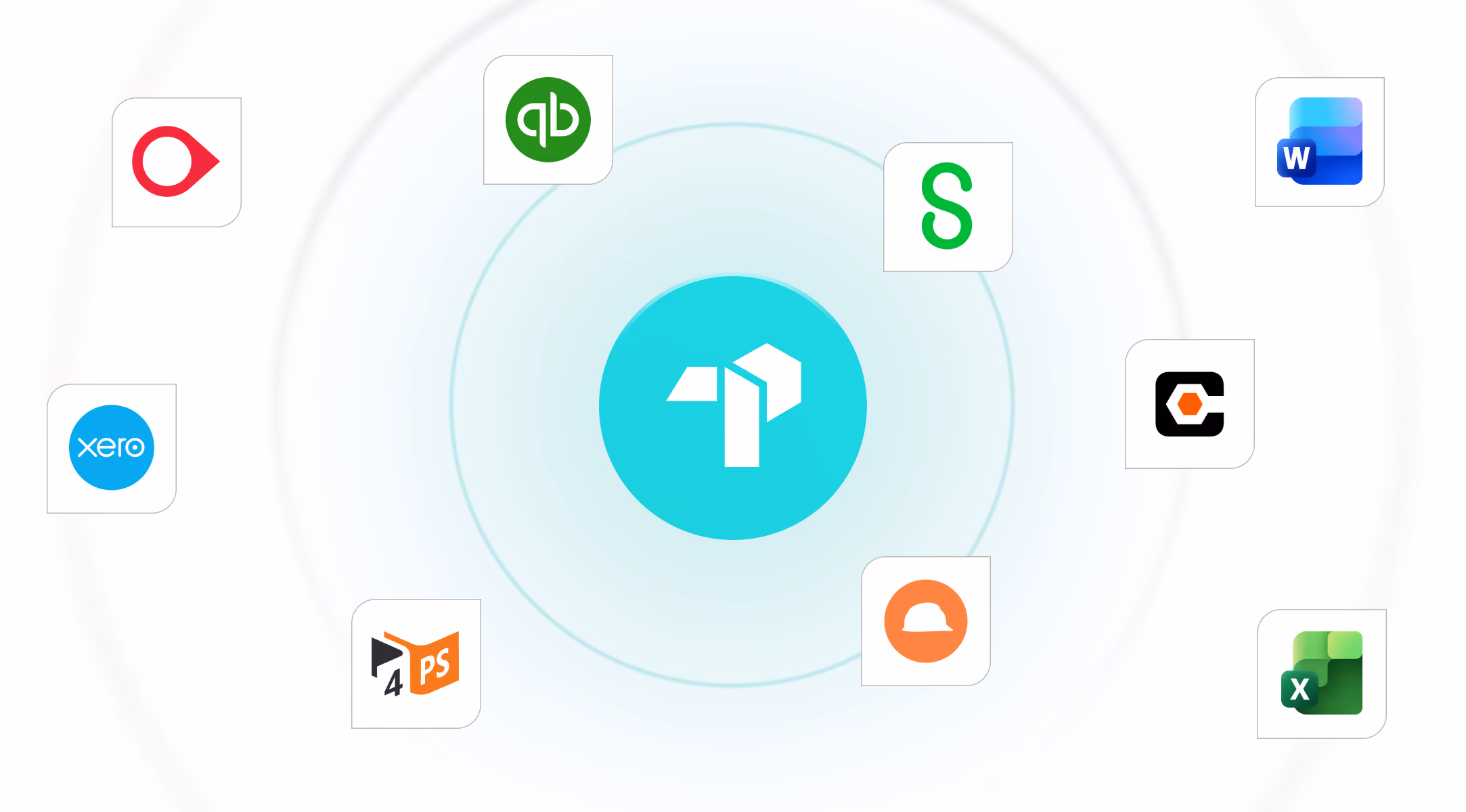 Tech company logo in center surrounded by accounting and office software logos in a circular pattern.