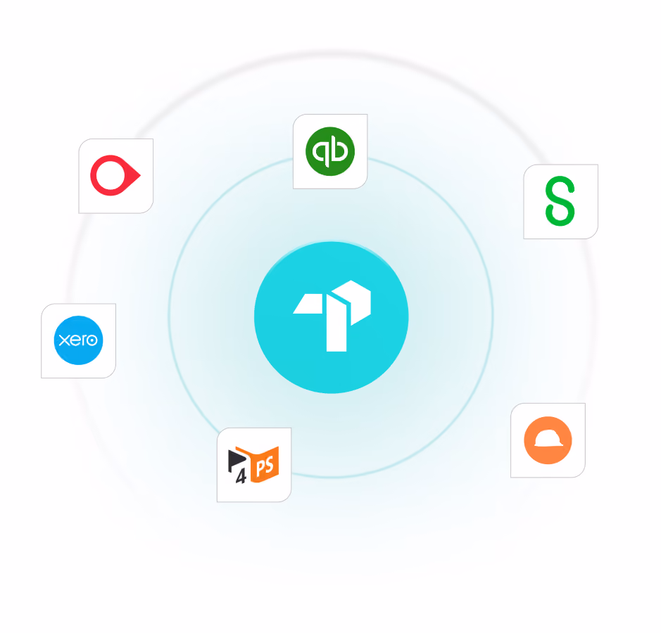 Central turquoise icon surrounded by six app logos in a circular arrangement on white background.