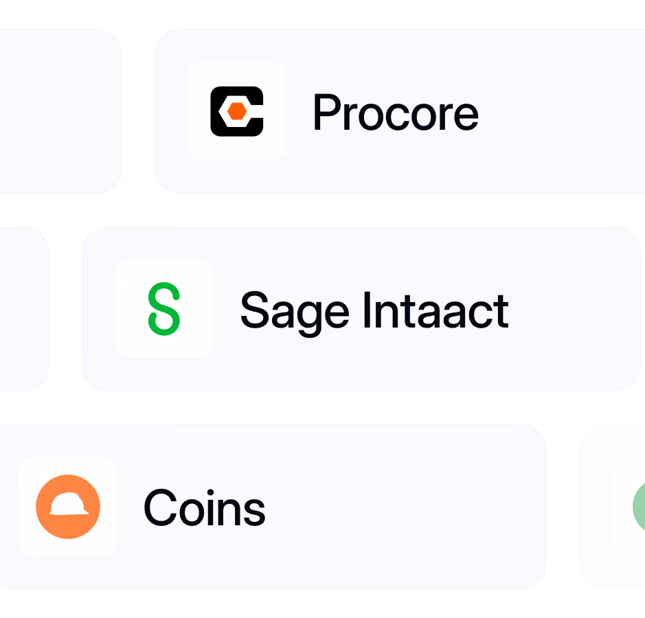 Icons and names of software tools: Procore, Sage Intaact, and Coins in a flowchart layout.