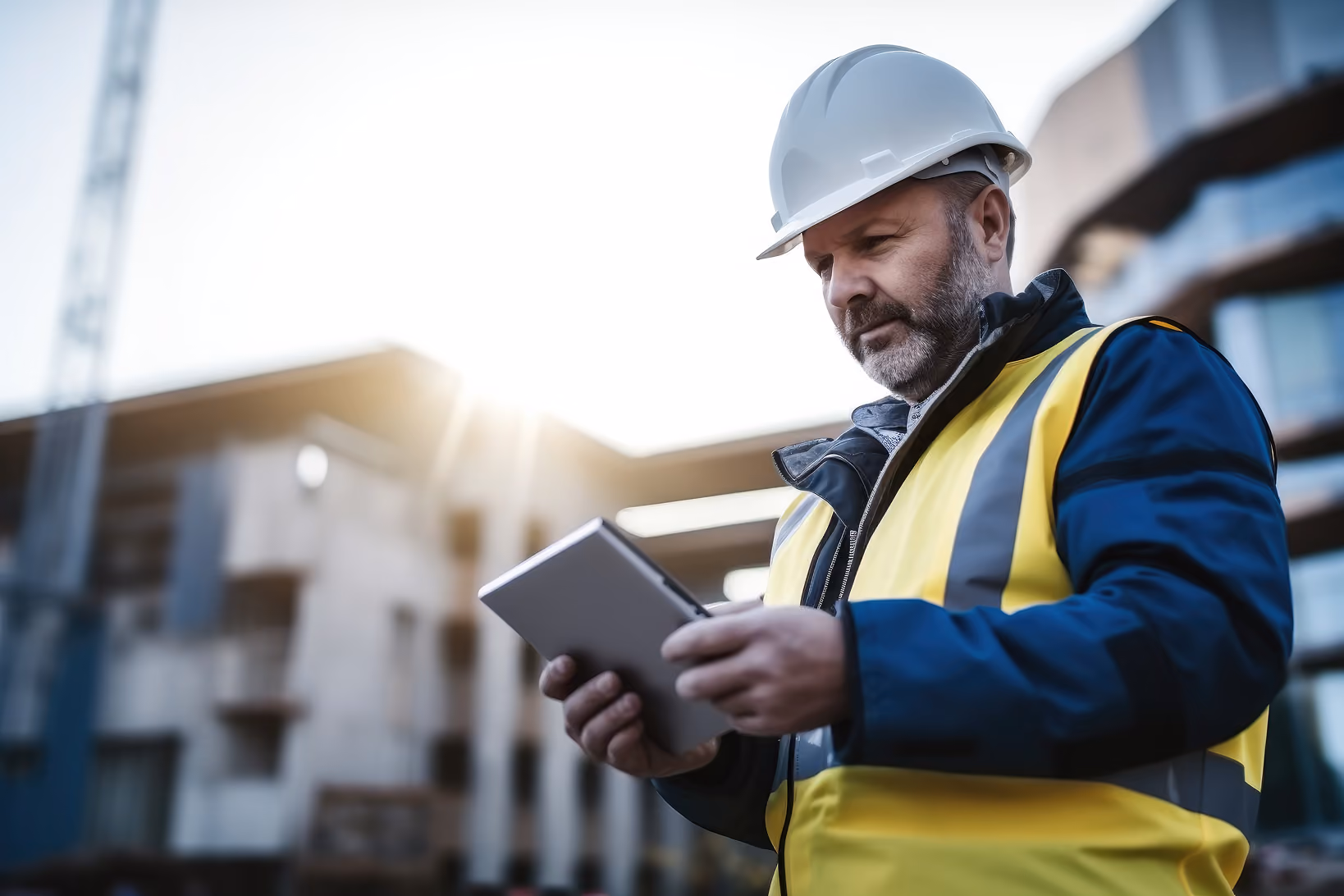 Construction worker in a yellow vest and white hard hat using a tablet at a building site at sunset.