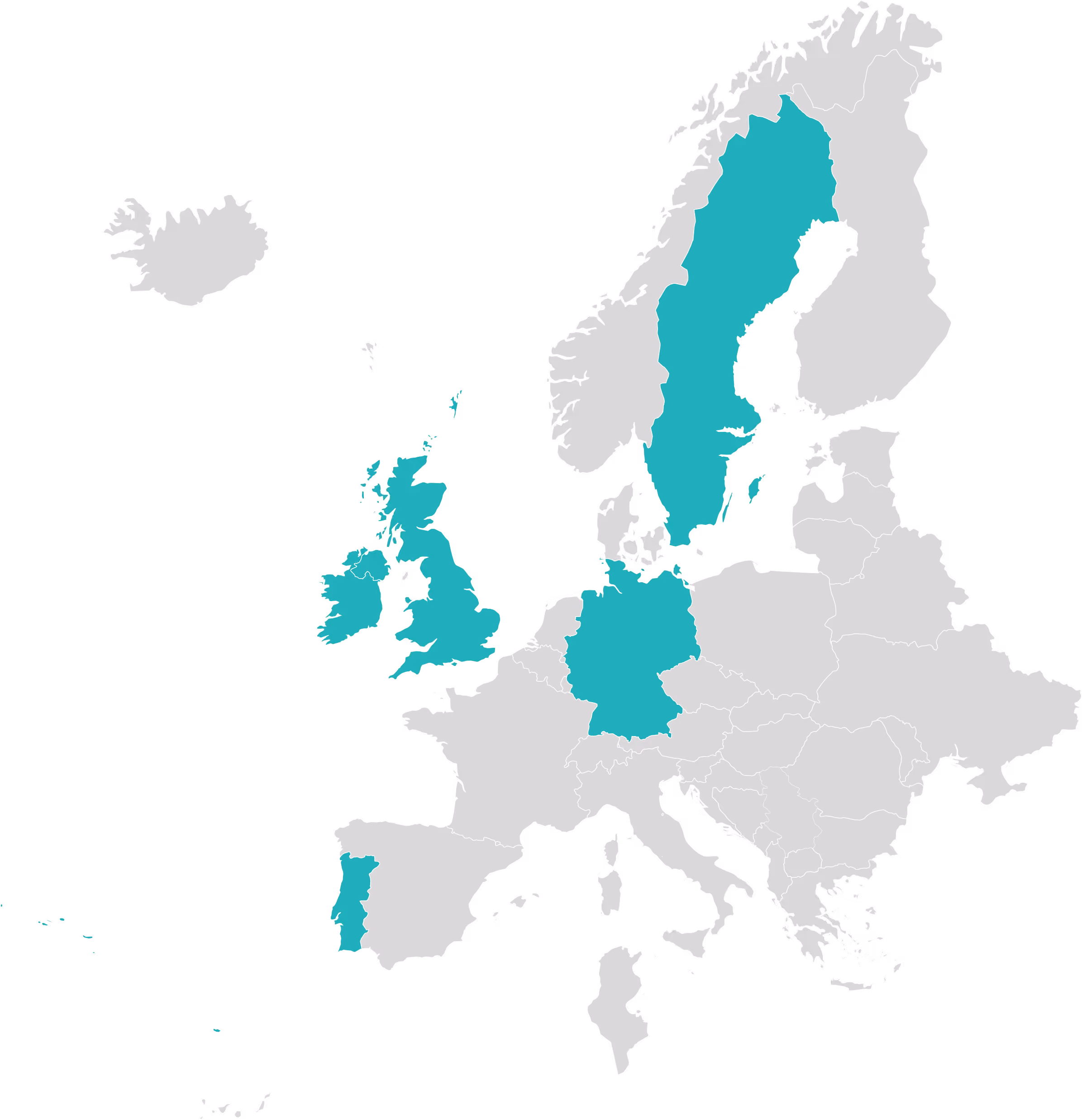 Map of Europe with the UK, Ireland, Portugal, Germany, and Sweden highlighted in teal.