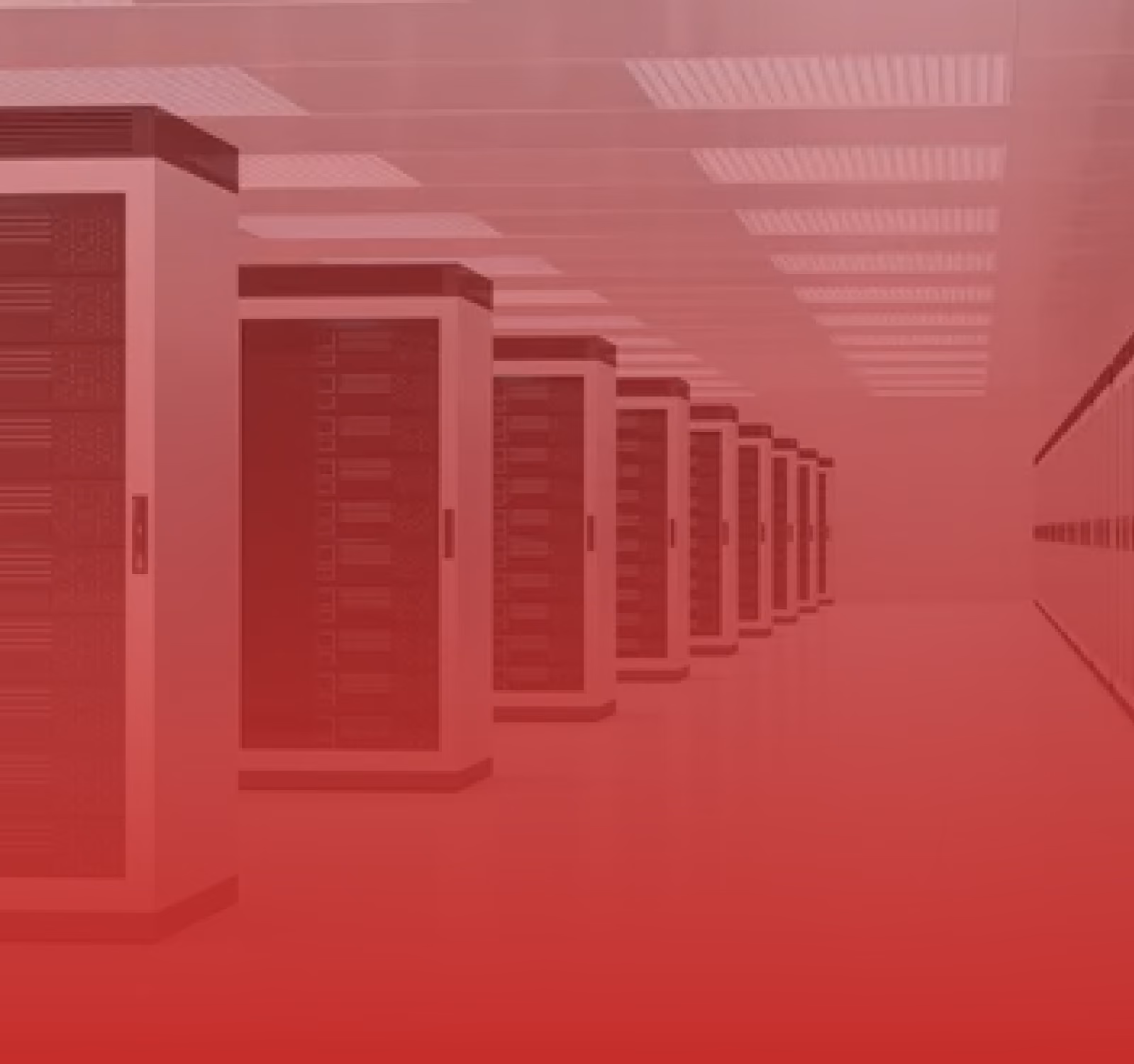 Long corridor of data center server racks fading into distance with red overlay.