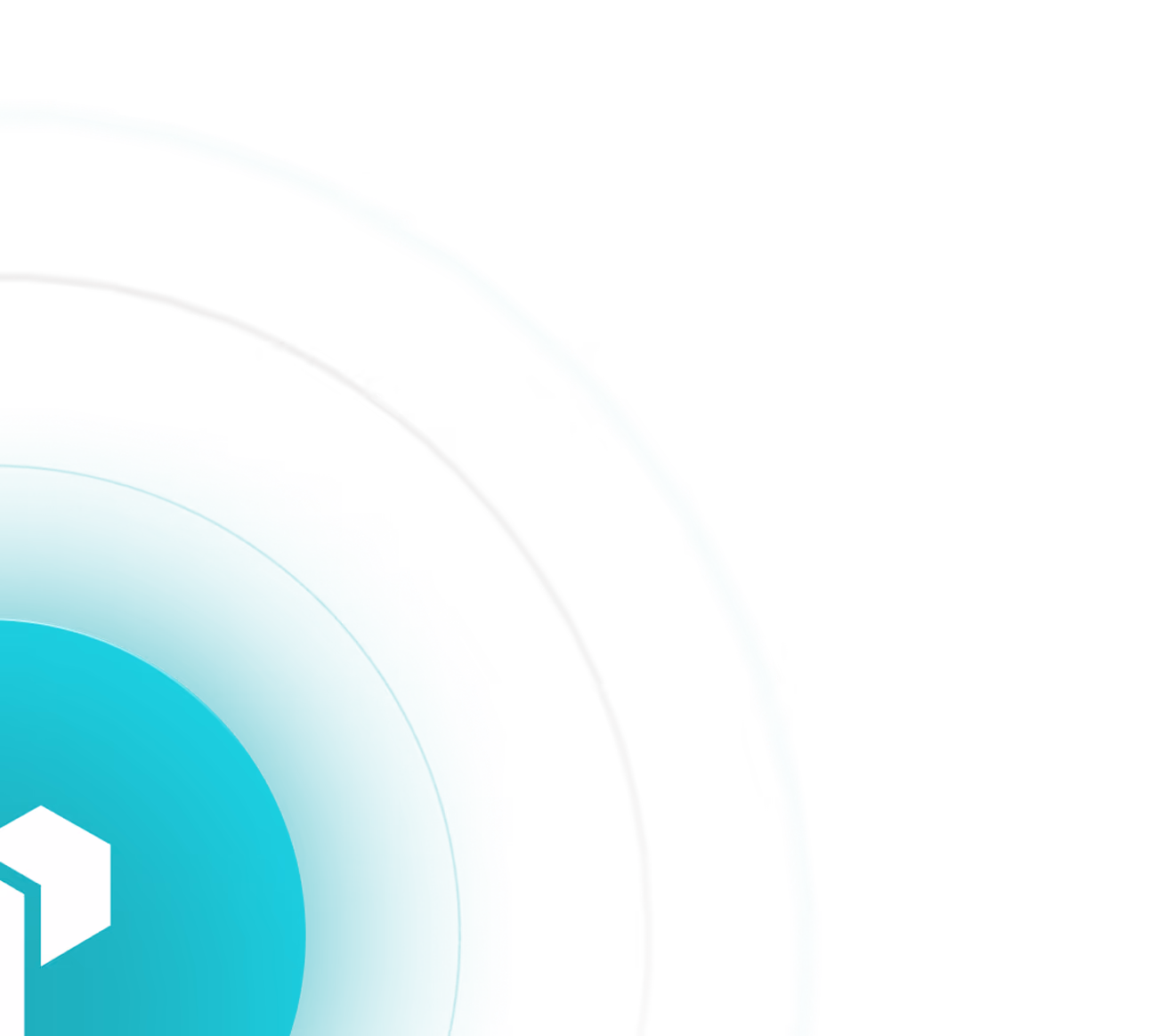 Partial view of a turquoise circle with a white geometric house icon on a black background.