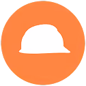 White construction helmet icon on an orange circular background.