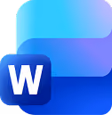 Microsoft Word logo with a blue W on a layered blue and purple background.