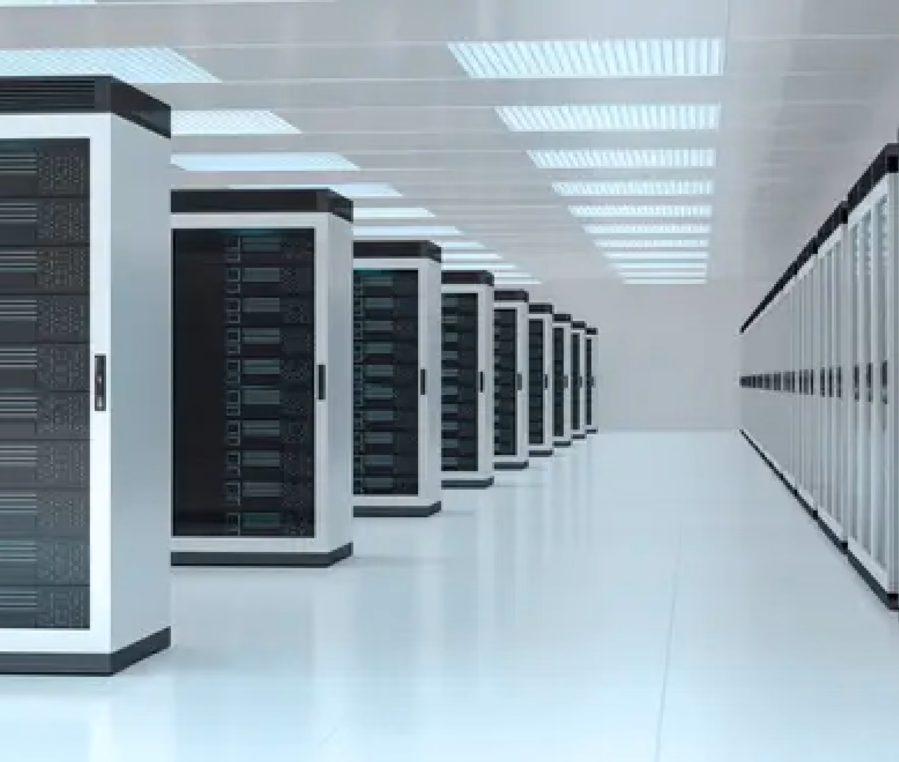 Row of server racks in a clean, modern data center with bright overhead lighting.