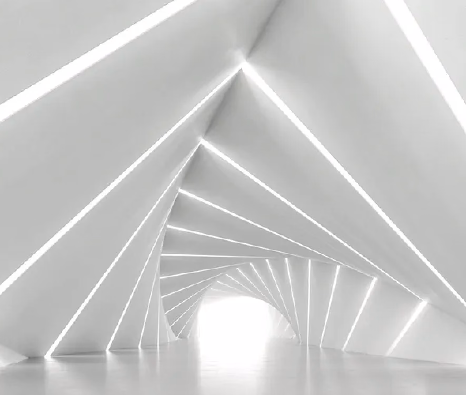 White futuristic tunnel with triangular light panels creating a spiral pattern toward a bright exit.