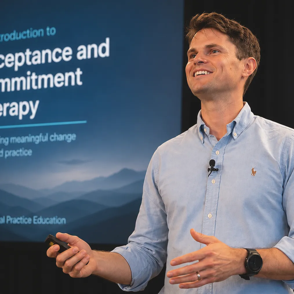 Man in light blue shirt smiling and speaking in front of a presentation screen about therapy.