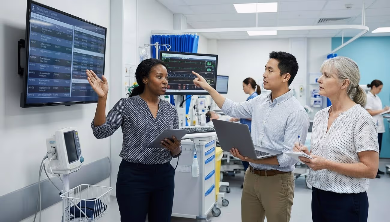 Medical professionals analyzing patient data on monitors