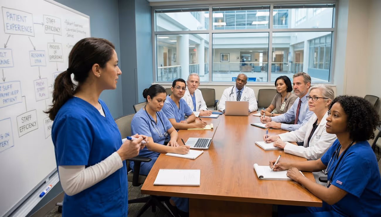 Medical doctors and staff meeting in boardroom