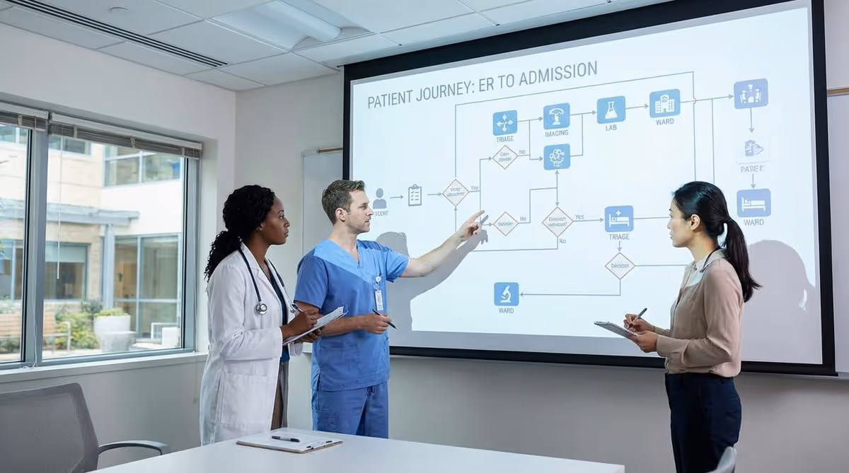 Medical staff analyzing workflow chart on digital screen