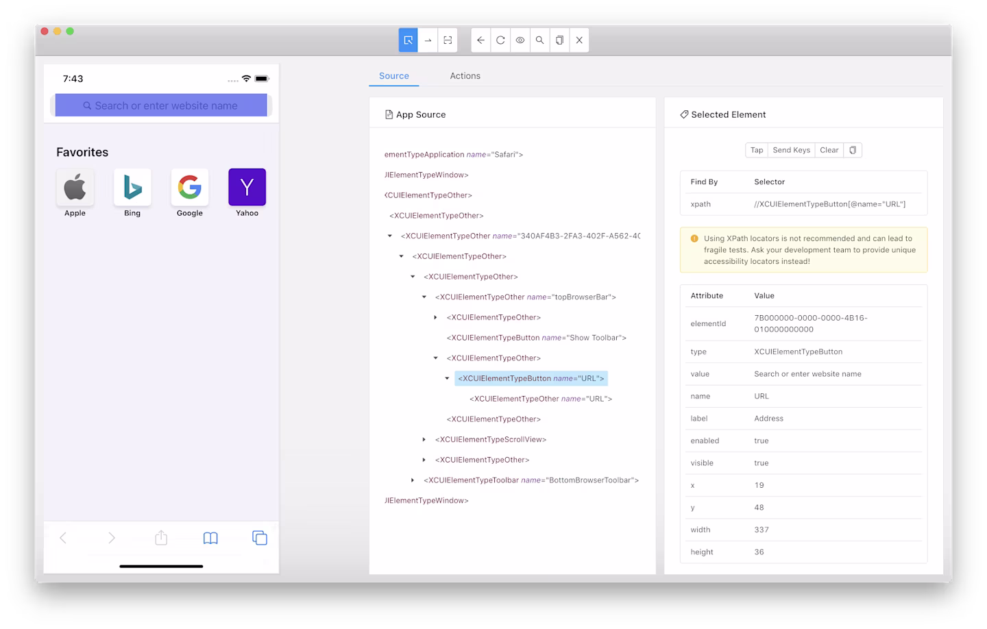 Use the iOS predicate string locator to specifically select the url-button element. 