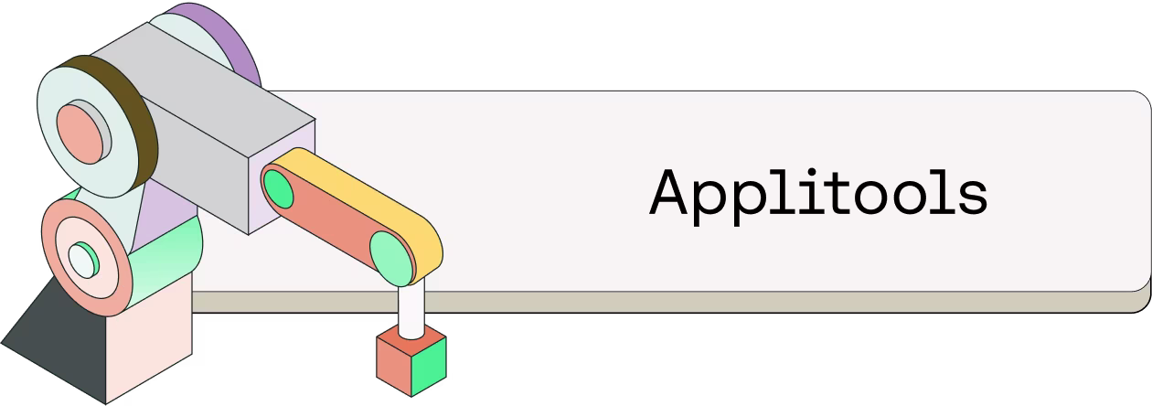 Colorful abstract illustration of mechanical components with gears and cylinders next to the text "Applitools"