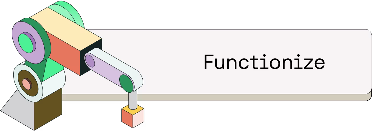 Colorful abstract mechanical illustration with geometric shapes and cylinders next to the text "Functionize"