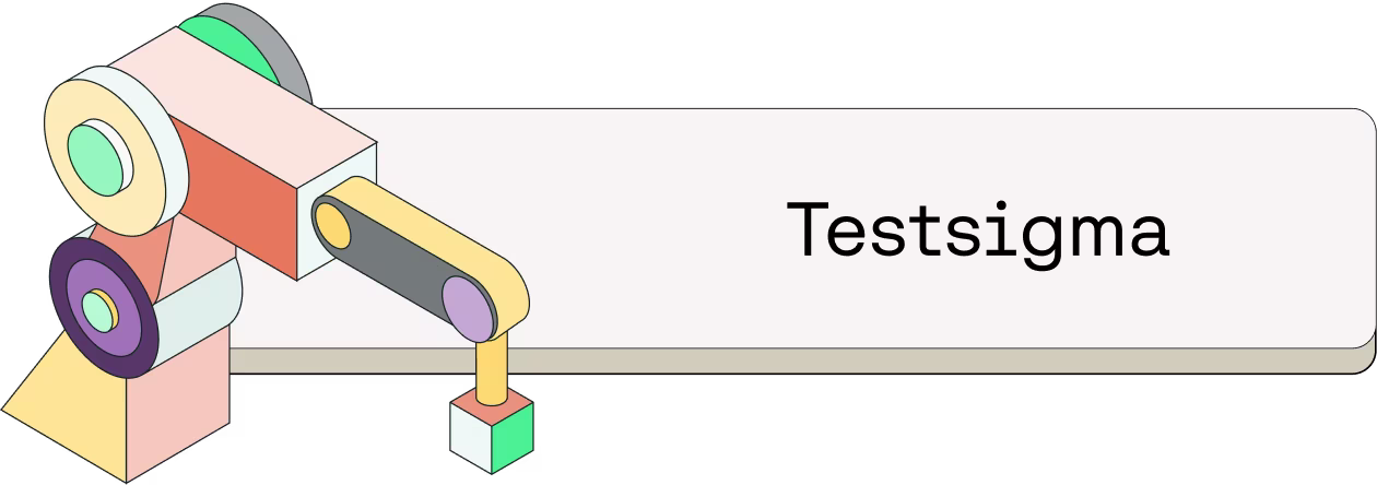 Colorful isometric illustration of a mechanical device with gears and components next to the word "Testsigma"
