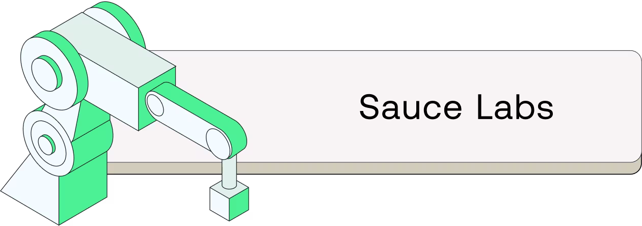 Stylized isometric illustration of a green and white mechanical device with gears and conveyor belt next to "Sauce Labs" text.