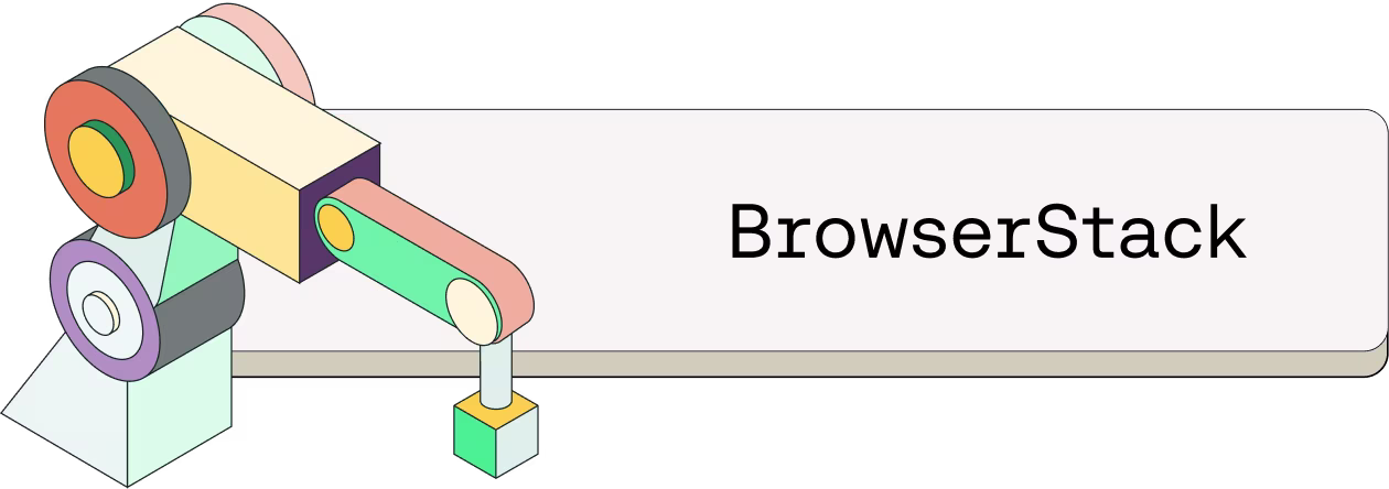 Colorful abstract geometric illustration with interconnected shapes and cylinders next to the BrowserStack text.