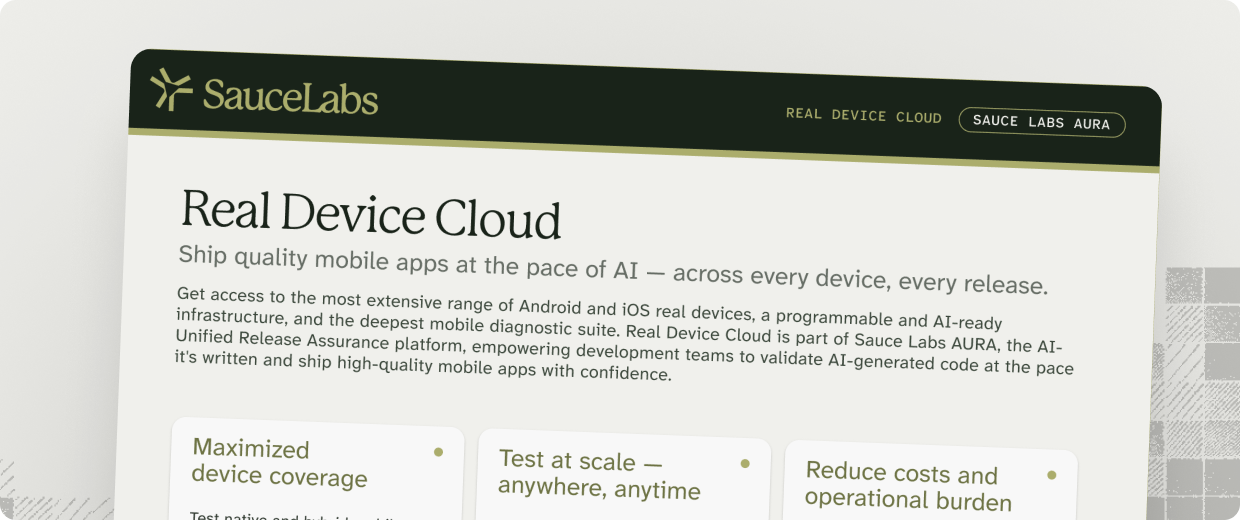 SauceLabs Real Device Cloud data sheet showing mobile app testing capabilities on a dark green background.