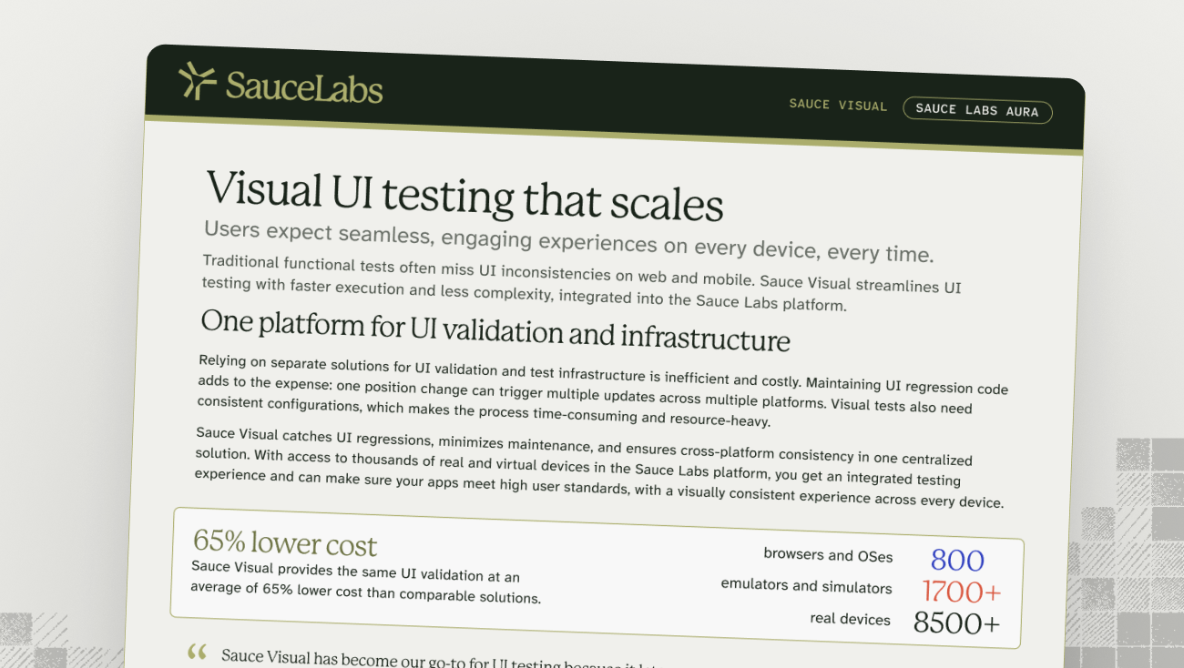 SauceLabs Sauce Visual UI Testing product brochure pages with green header, white background, and key stats highlighted.