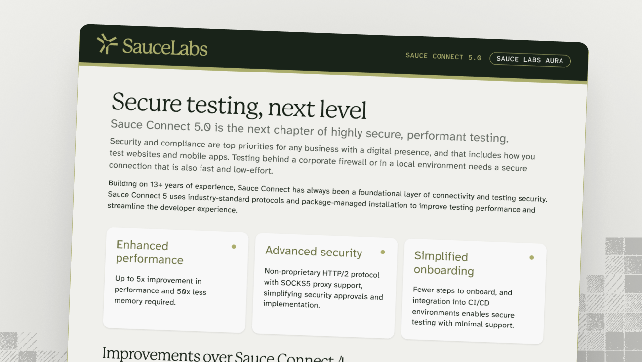 SauceLabs data sheet for Sauce Connect 5.0, featuring product information about software quality intelligence on mint background.
