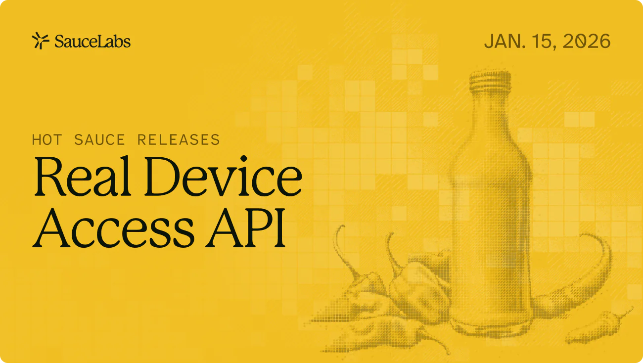 Webinar replay banner for "Future-Proof Your Mobile Testing with Unrestricted Device Access" featuring two product managers from SauceLabs.