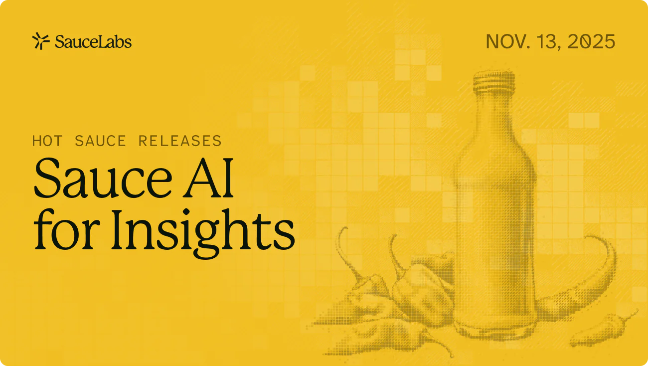 Webinar replay banner for "Sauce AI for Insights: From Data Overload to Clarity" featuring two product team members.