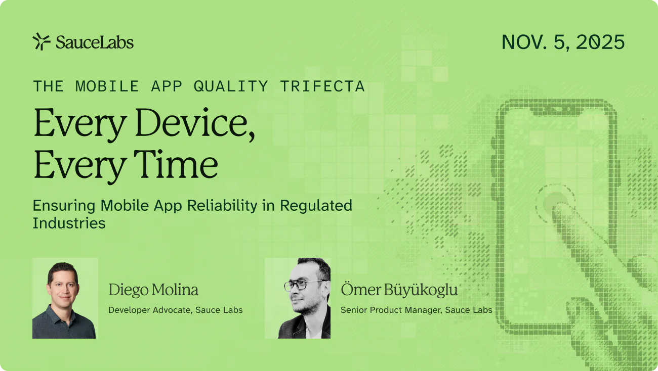 Webinar announcement for Ensuring Mobile App Reliability with illustrated icon, scheduled for November 5 on coral background.
