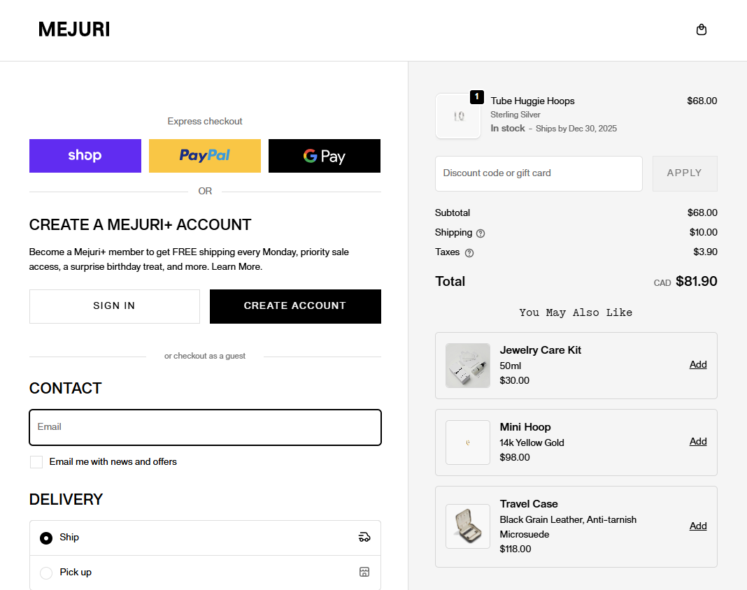 Mejuri checkout showing proportional shipping cost