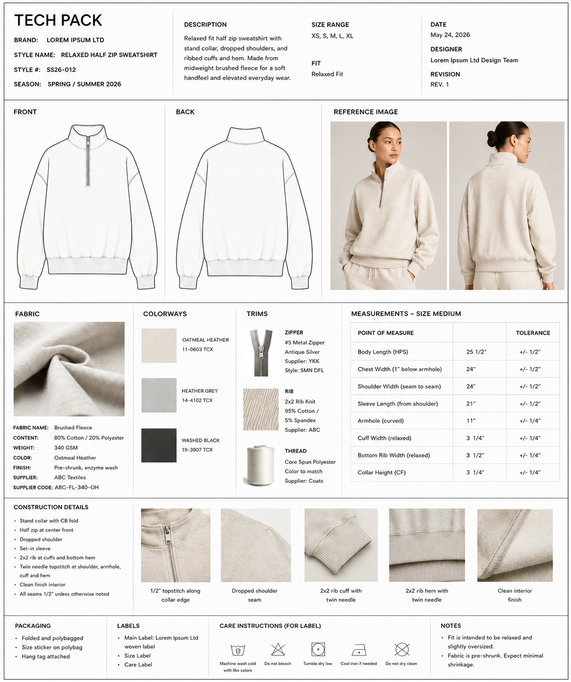 A fictional example of a tech pack for an apparel brand