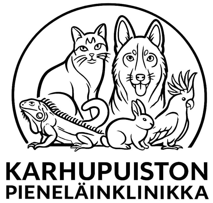 Black and white logo with illustrations of a cat, dog, iguana, rabbit, and cockatoo bird in a circle.