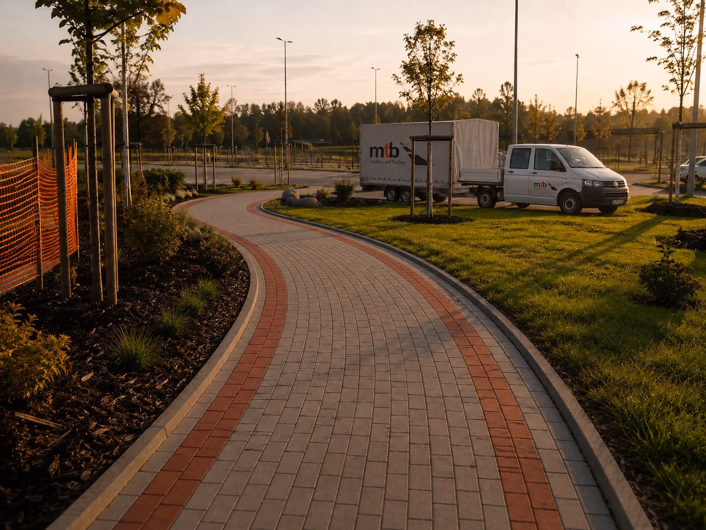 Grünanlage mit gepflastertem Weg – Garten- und Landschaftsbau
