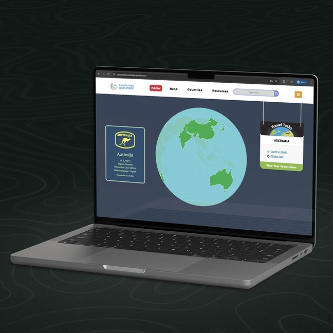 Can Do Kids Worldwide interactive global learning platform for primary students displayed on a laptop