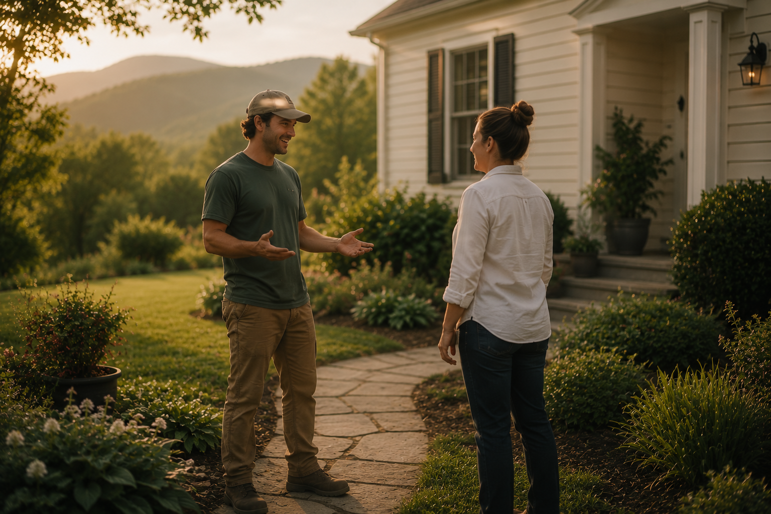 Lawn care professional caring for a mountain property near Sapphire, NC