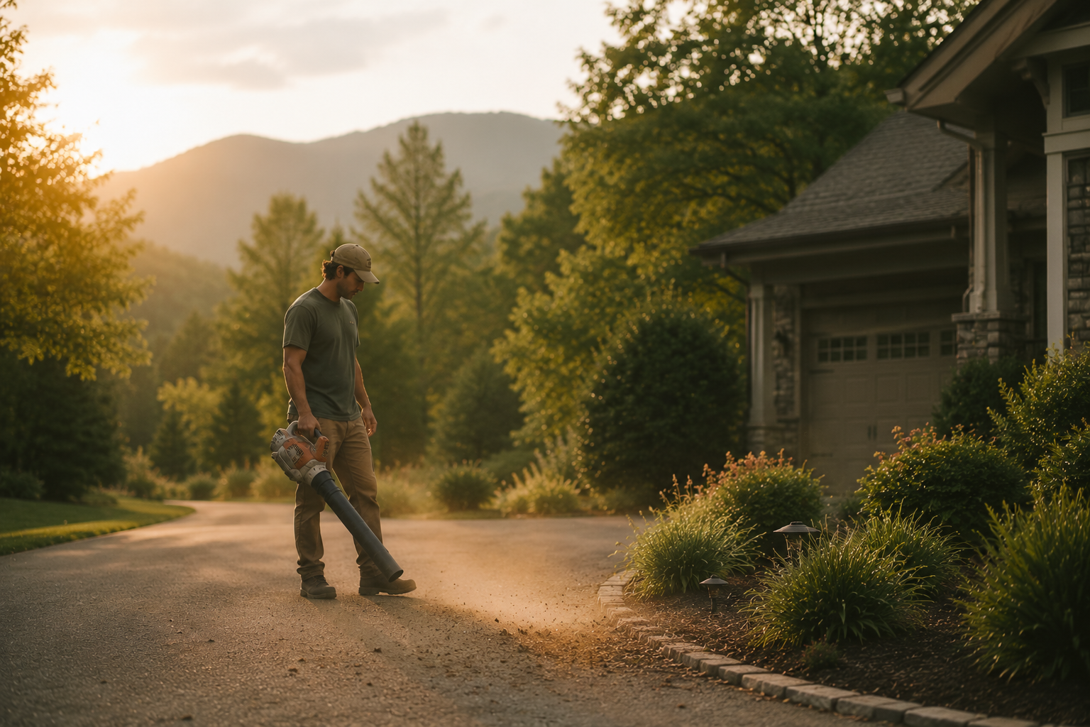 Lawn professional using a blower to clear clippings from a driveway