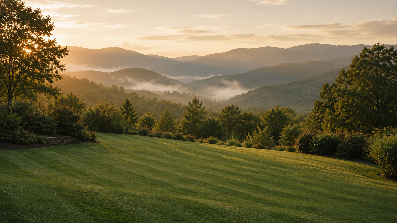 Sunrise over the misty Blue Ridge foothills with a green grassy hillside in the foreground