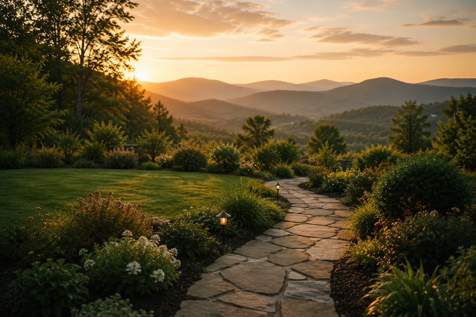 A natural stone walkway winding through a manicured garden and lawn, with the Blue Ridge mountains at sunset
