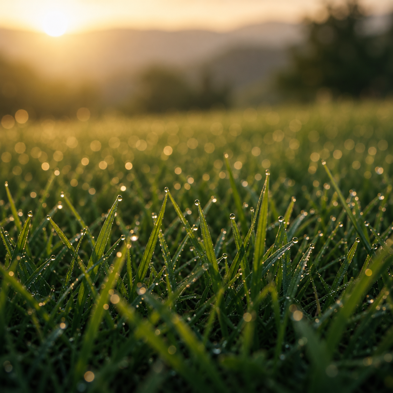 Close-up of healthy green grass blades covered in morning dew at sunrise