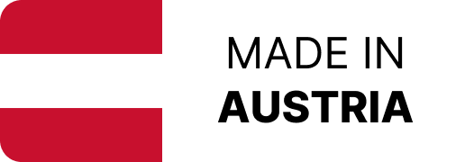 Made in Austria label with red and white flag colors and bold text on white background.