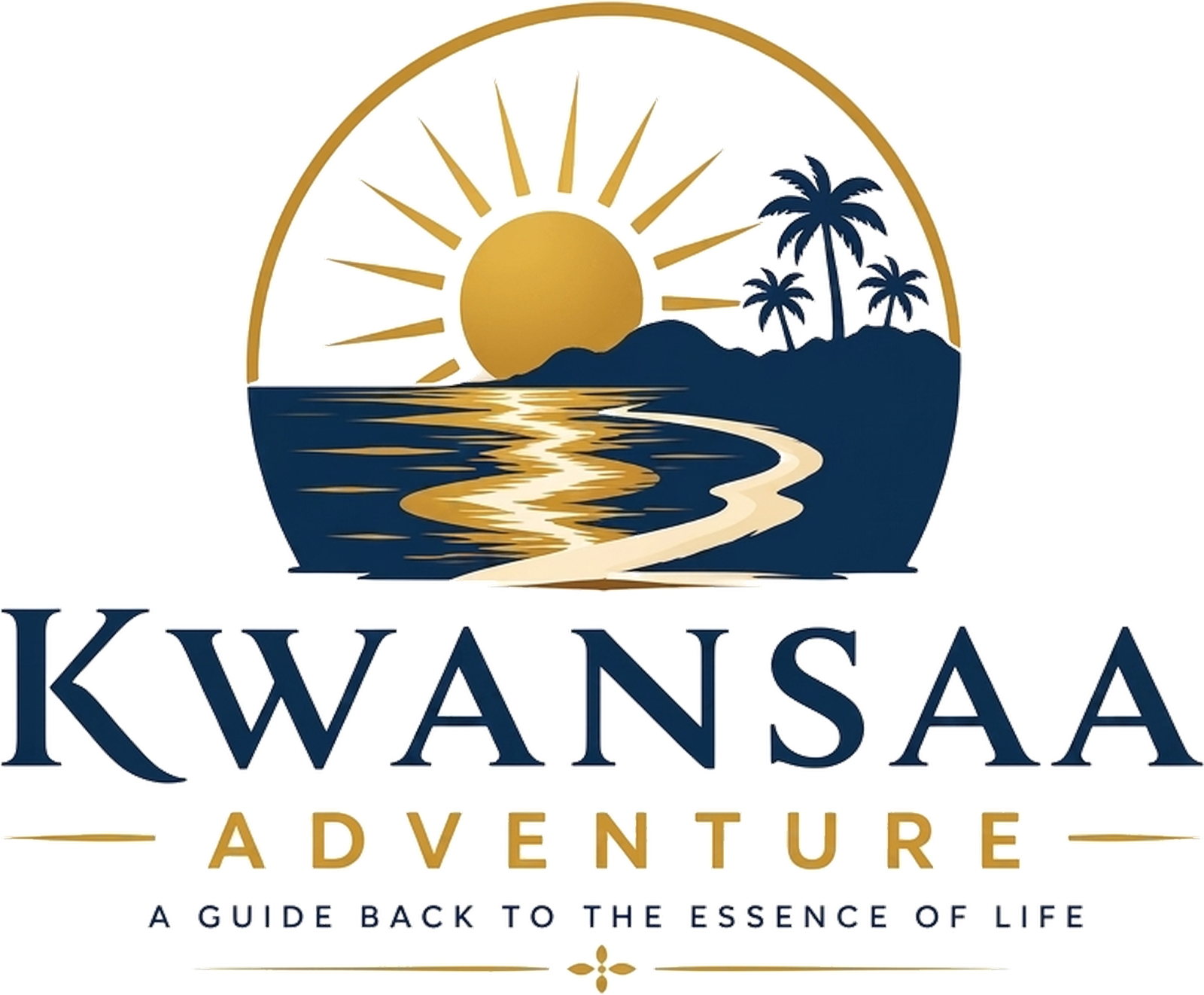 Logo featuring a stylized golden sun rising over a blue ocean with golden reflections, a curved sandy shore, and blue palm trees on a coastline inside a circular frame, above the text 'KWANSAA ADVENTURE' with the tagline 'A guide back to the essence of life' below.