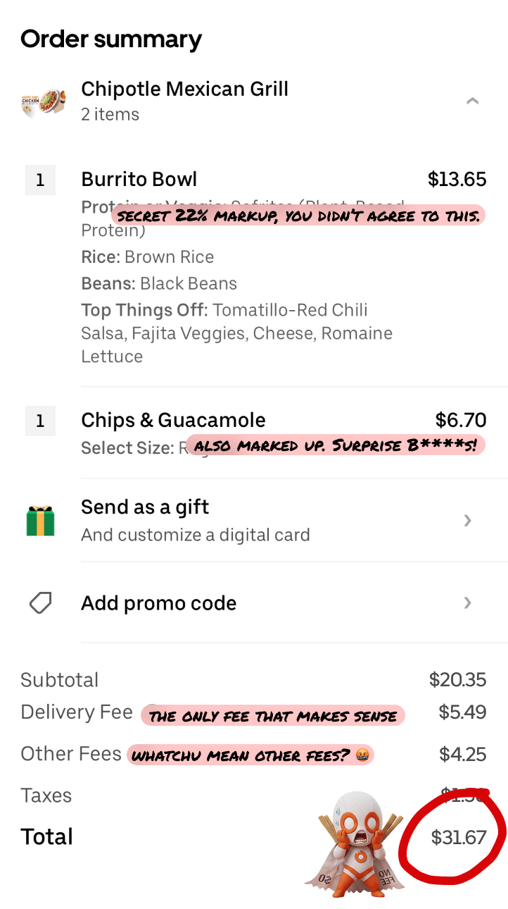 Uber Eats Chipotle receipt with hidden fees annotated