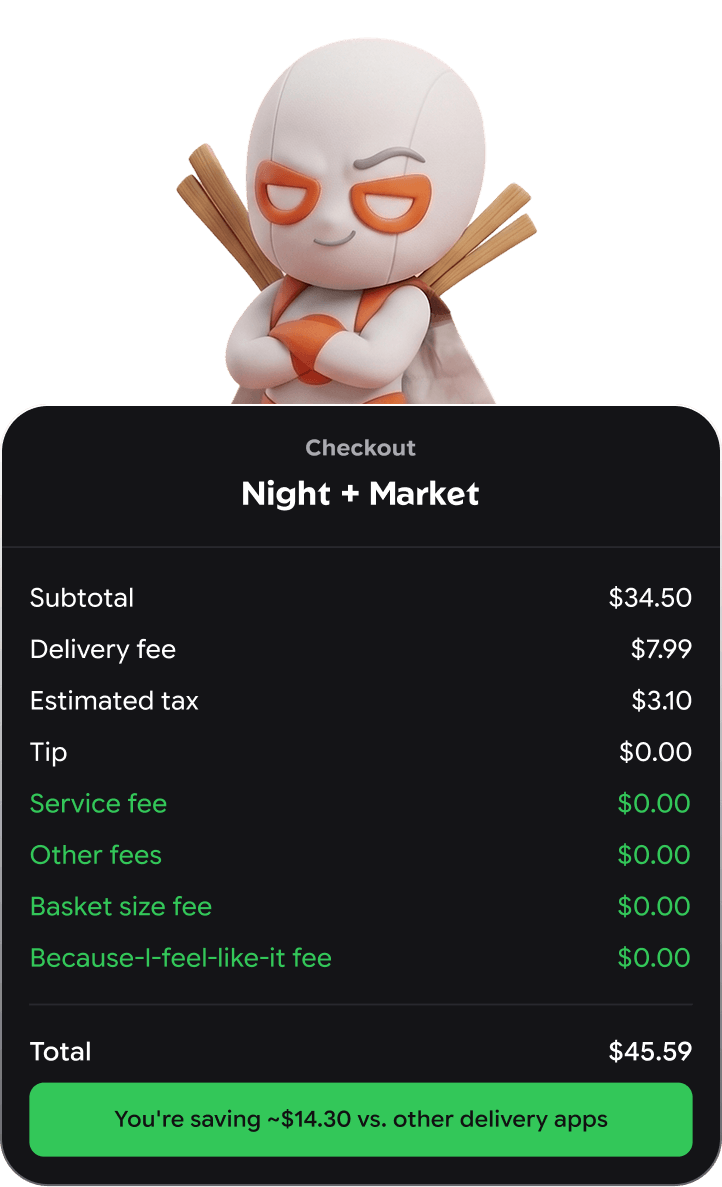 nomnomnom checkout showing $0 service fees with mascot