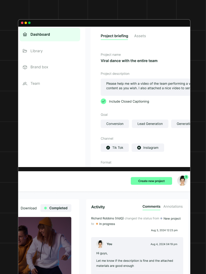 VidQ platform dashboard with video briefs, asset library and review comments