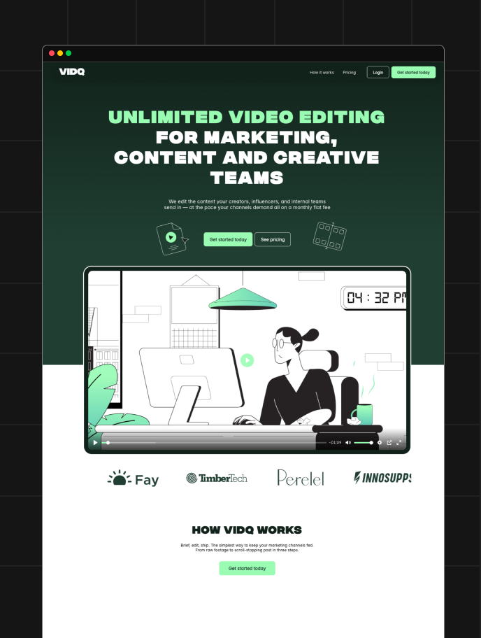 VidQ website homepage promoting unlimited video editing