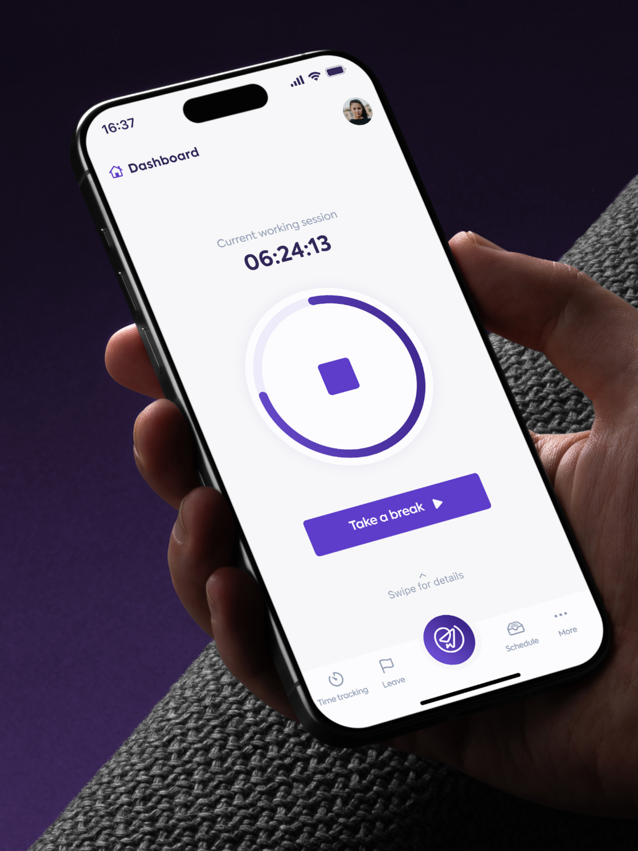 Papervee mobile app screens for clocking in and requesting leave