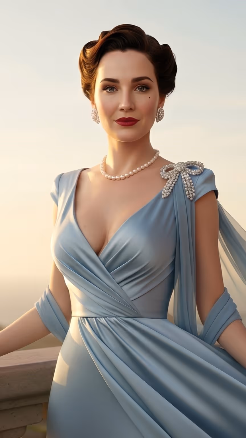 Woman in vintage blue dress with pearl necklace, earrings, and red lipstick posing at sunset.