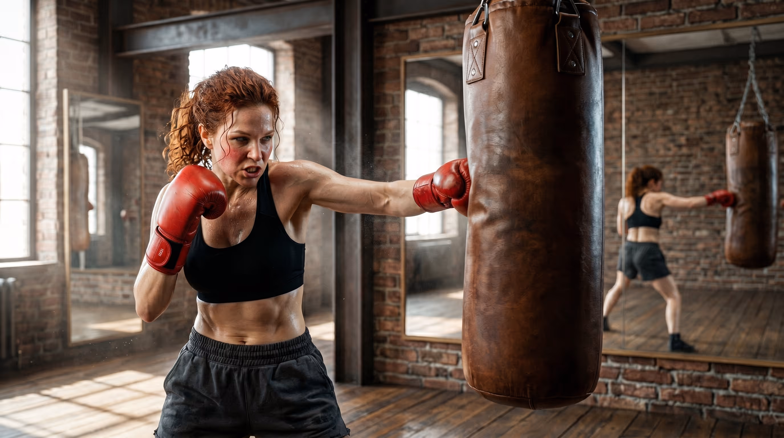 Woman in boxing gear resting against a brick wall, drinking water, with boxing gloves on the floor.