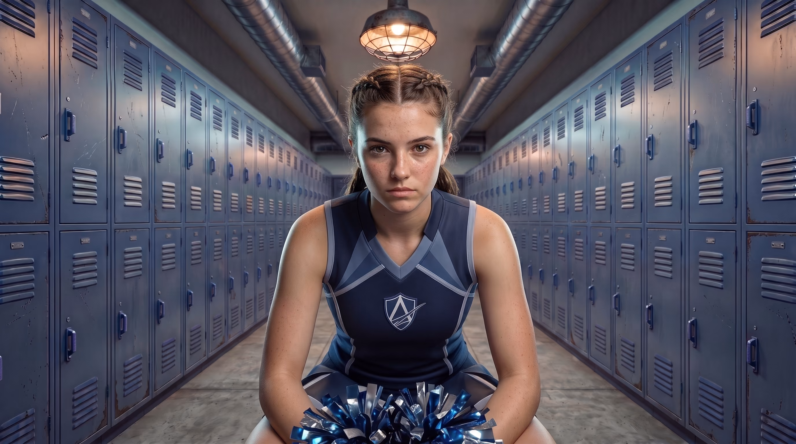 Female basketball player in uniform sitting on bench in locker room holding a basketball.