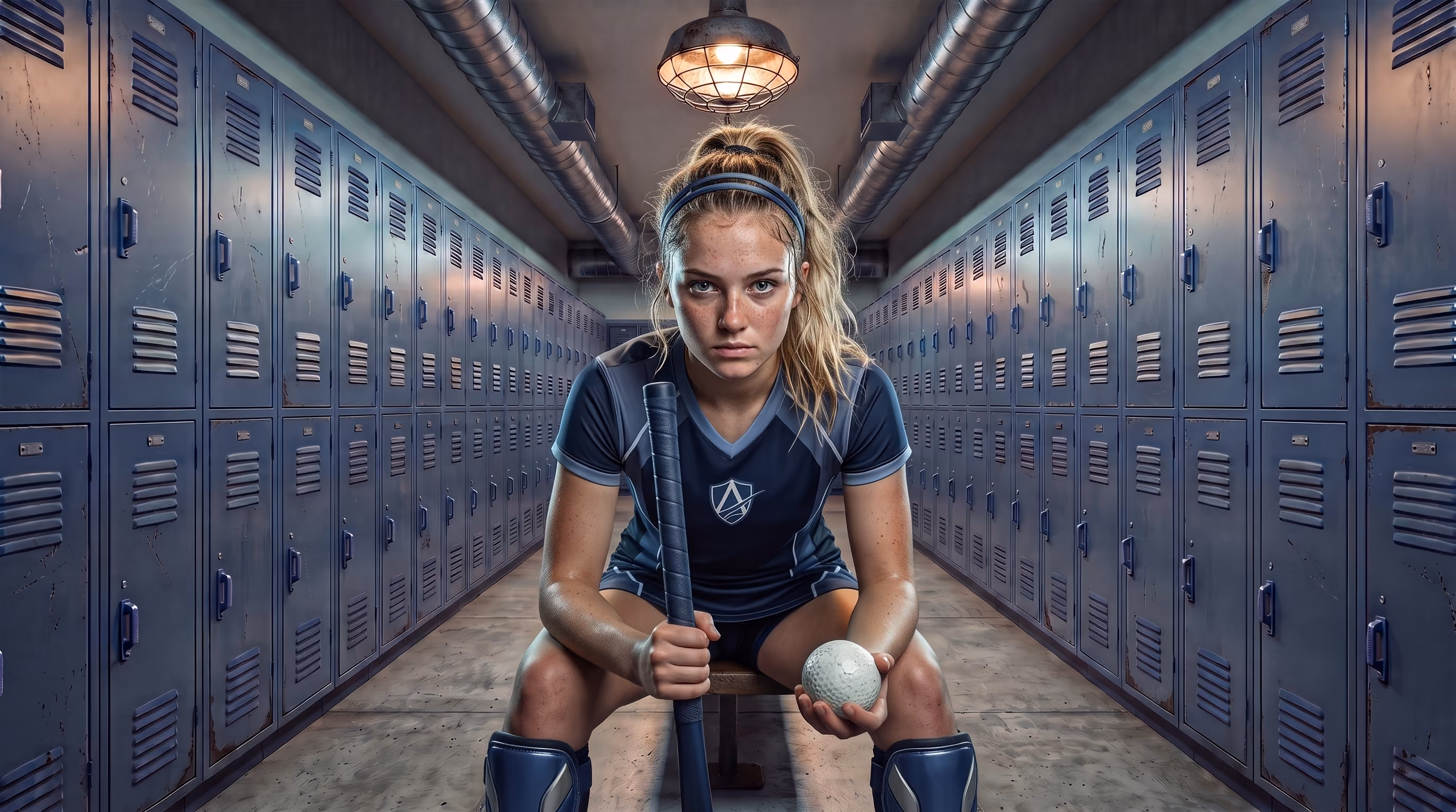 Female cheerleader in blue uniform sitting on bench holding blue pom-poms in a locker room.
