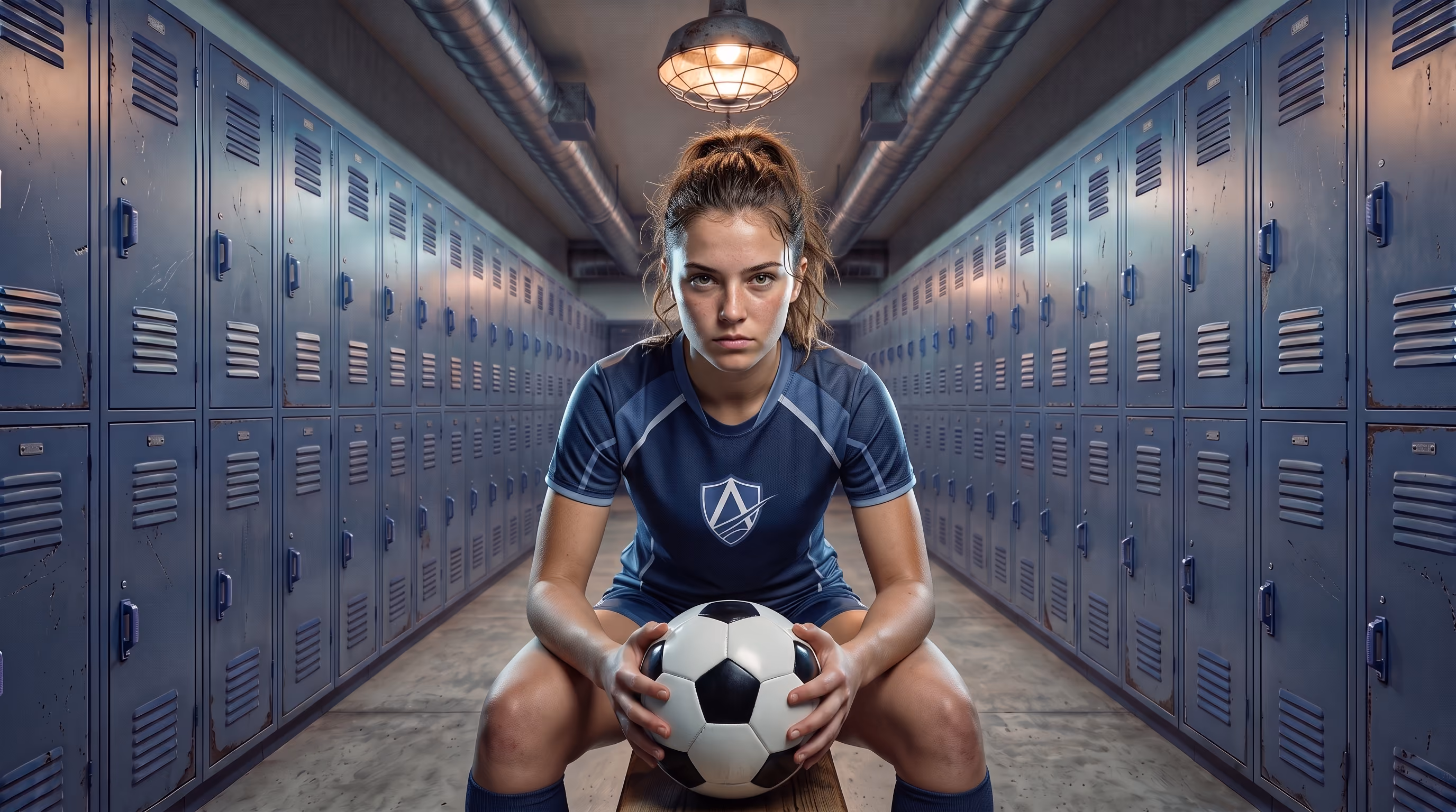 Female soccer player in blue jersey holding a worn soccer ball, sitting in a locker room between lockers.