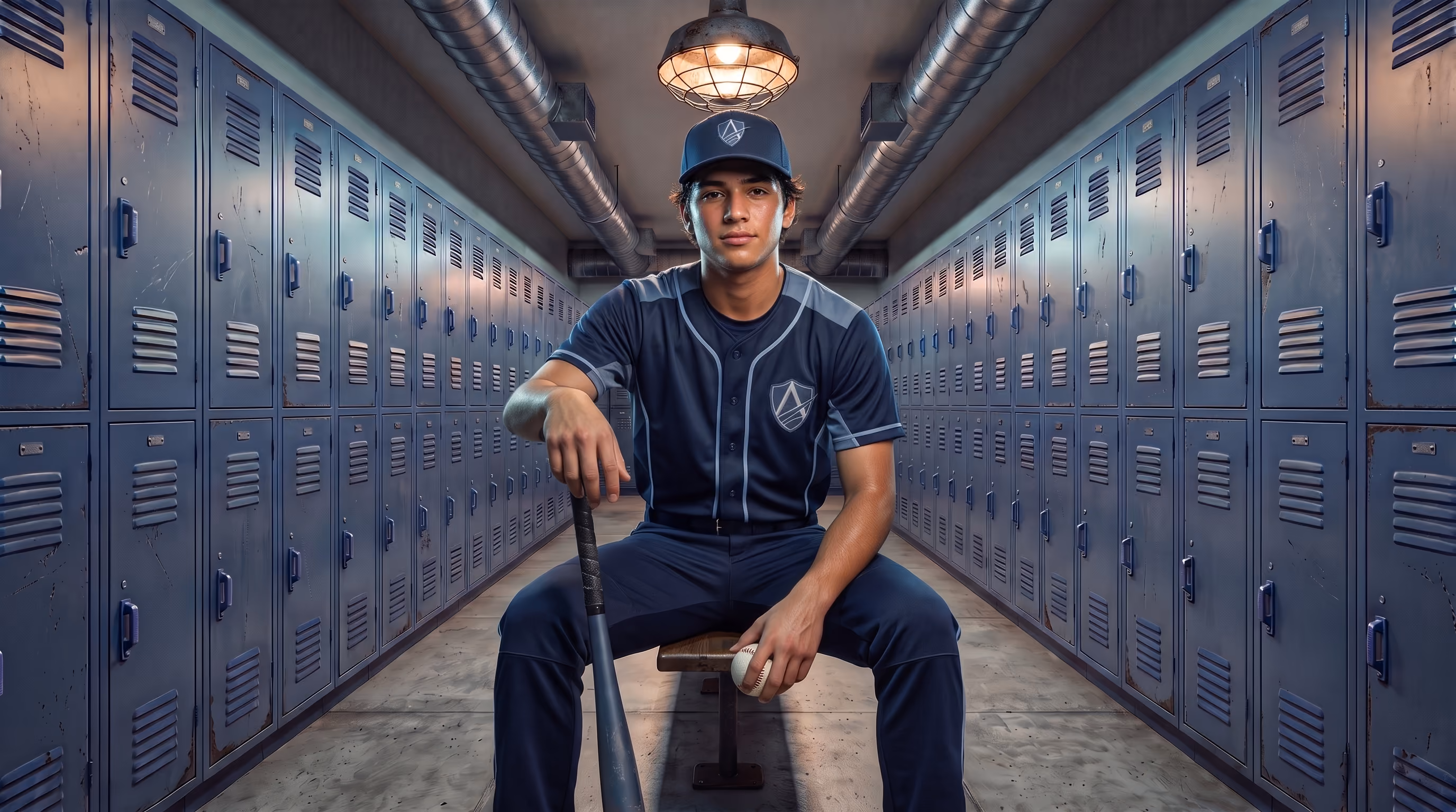 Serious female cheerleader sitting in locker room holding blue pom-poms, wearing navy and light blue uniform.
